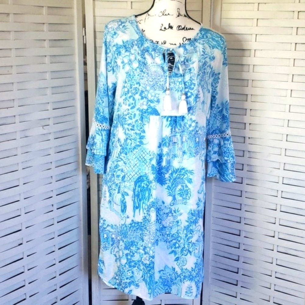 Lilly Pulitzer Azita blue and white 3/4 bell embroidery sleeves tunic dress M